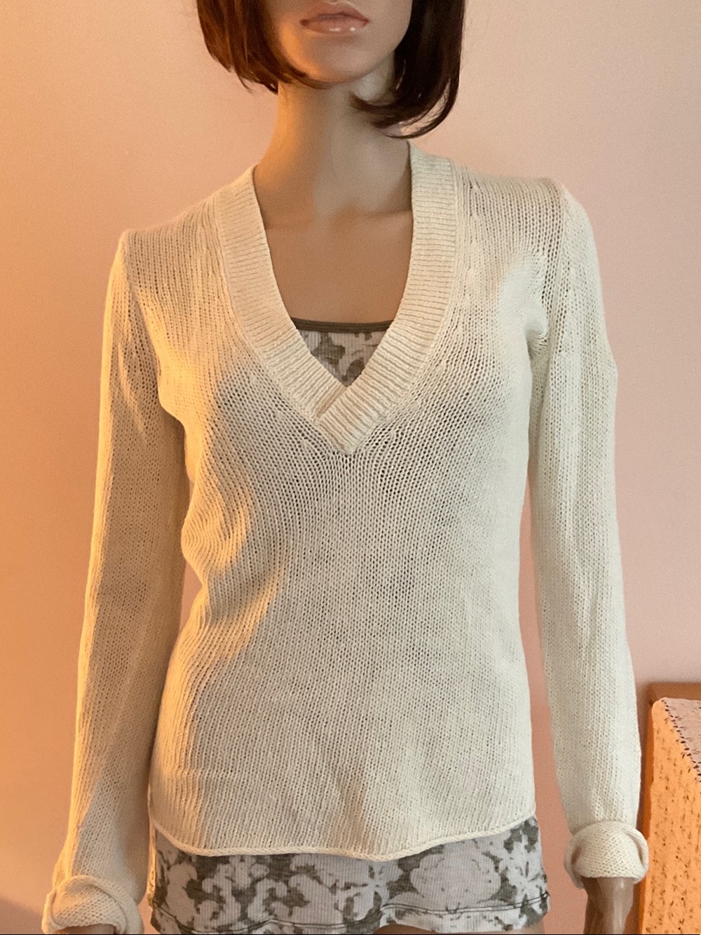 J. Crew Cream V-Neck Lightweight Cotton & Linen Knit Sweater